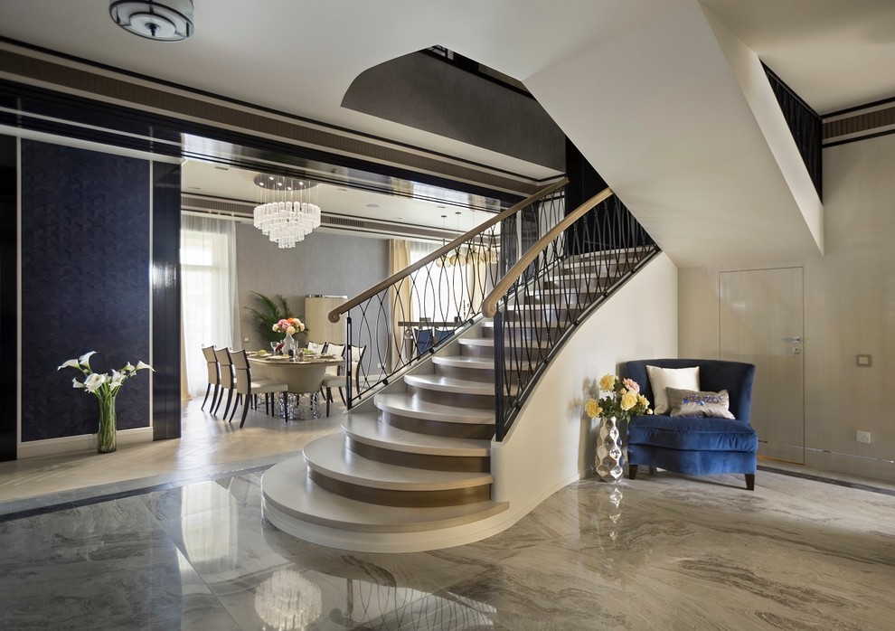 Traditional u-shaped staircase in Moscow with feature lighting.