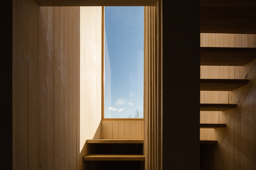 Пример оригинального дизайна: прямая лестница среднего размера в стиле рустика с деревянными ступенями и деревянными перилами без подступенок