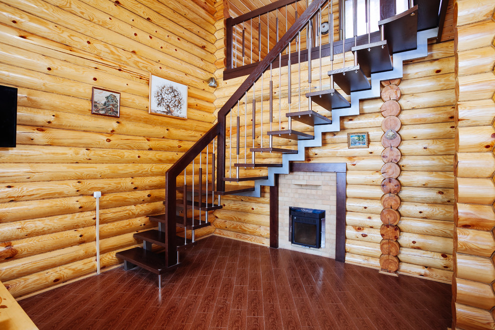Идея дизайна: угловая лестница среднего размера в современном стиле с деревянными ступенями