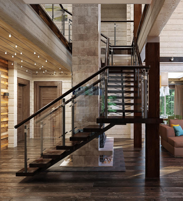 На фото: п-образная лестница среднего размера в современном стиле с деревянными ступенями и перилами из смешанных материалов