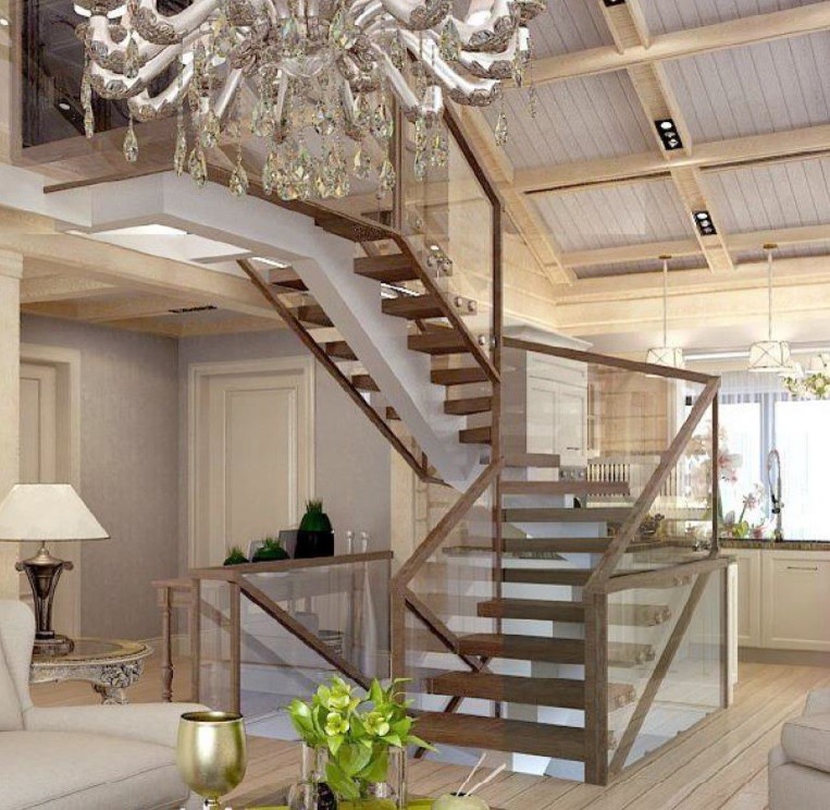 Стильный дизайн: п-образная лестница среднего размера в современном стиле с деревянными ступенями и деревянными перилами - последний тренд