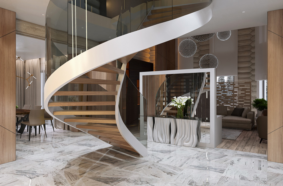 Idéer för en mellanstor modern svängd trappa i trä, med räcke i glas