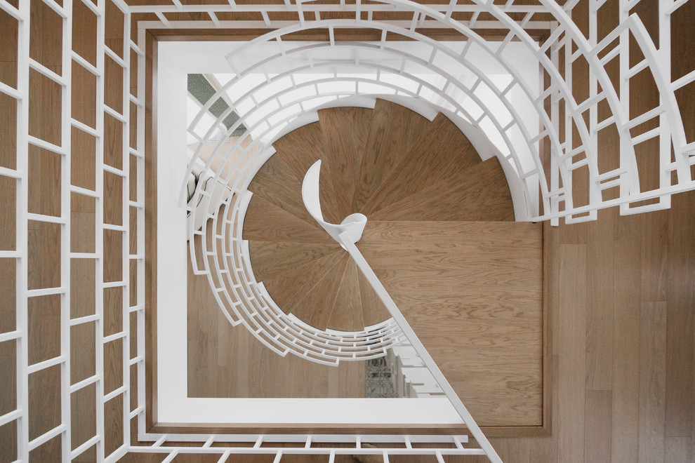 Источник вдохновения для домашнего уюта: винтовая лестница в современном стиле с деревянными ступенями и металлическими перилами