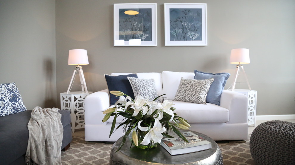 Inspiration for a small classic open plan living room in Sydney with grey walls.