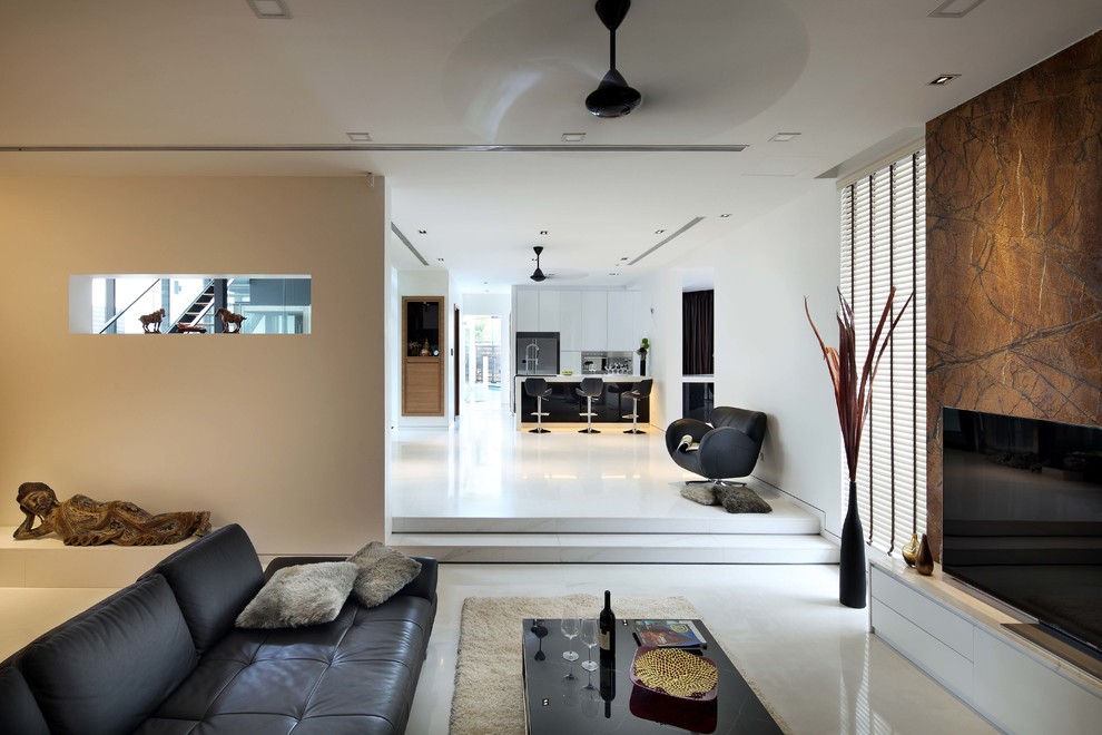 Design ideas for a world-inspired living room in Singapore with white walls.