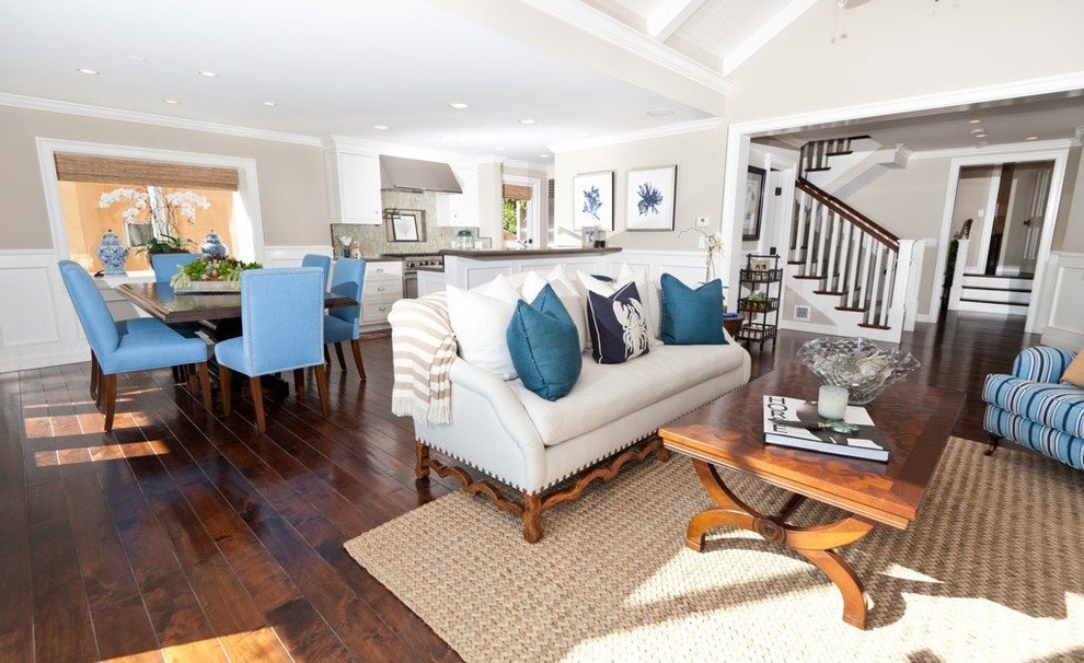 Inspiration for a large nautical open plan living room in Orange County with beige walls and dark hardwood flooring.