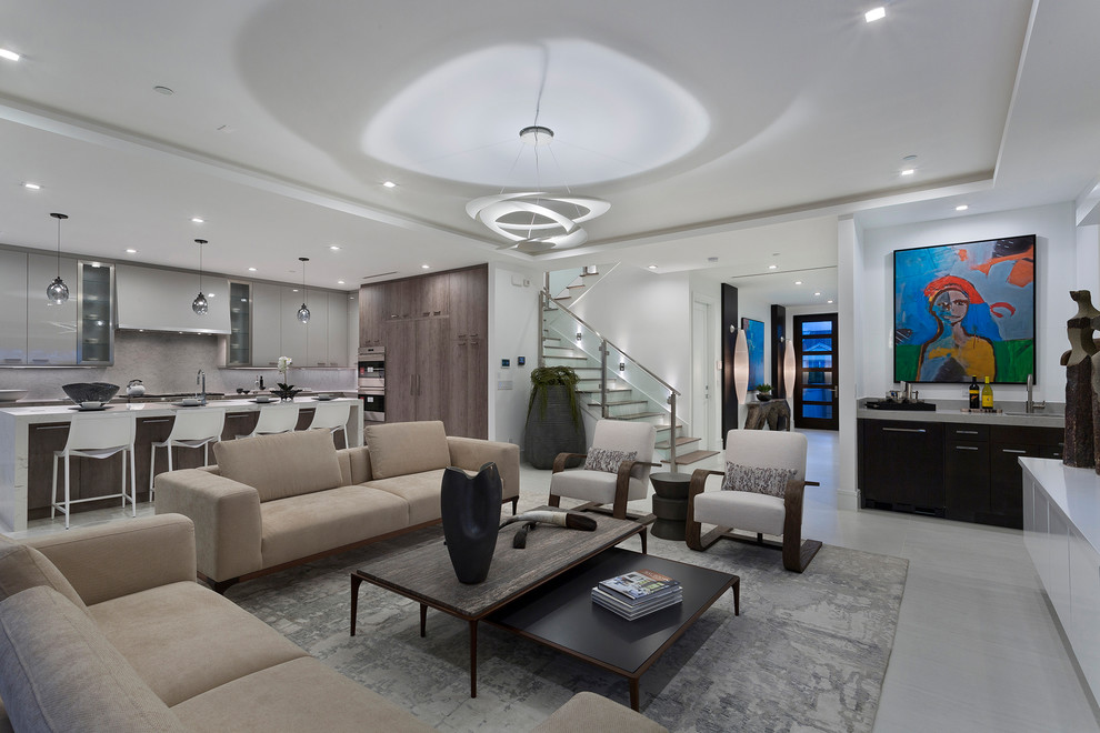 This is an example of a medium sized contemporary formal open plan living room in Other with white walls, porcelain flooring, a wall mounted tv, grey floors and no fireplace.