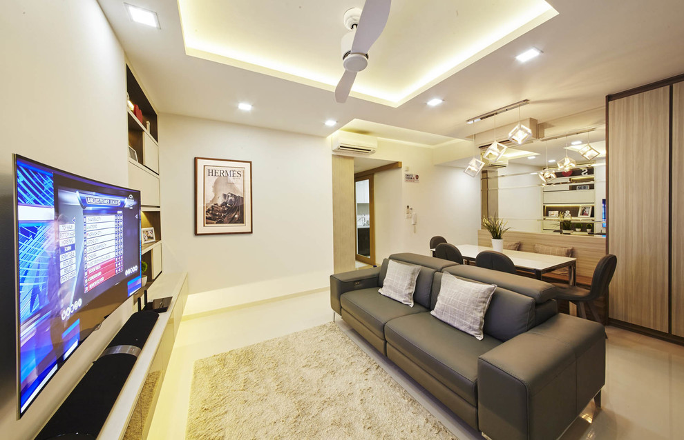 Esempio di un soggiorno design di medie dimensioni e aperto con sala formale, pareti bianche, pavimento in gres porcellanato e TV a parete