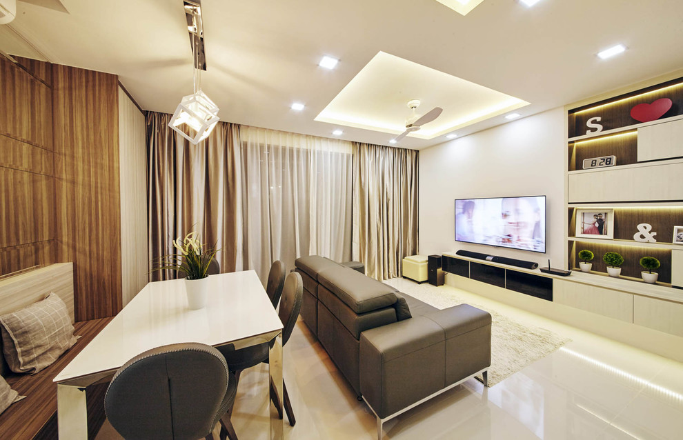 Пример оригинального дизайна: парадная, открытая гостиная комната среднего размера в современном стиле с белыми стенами, полом из керамогранита и телевизором на стене