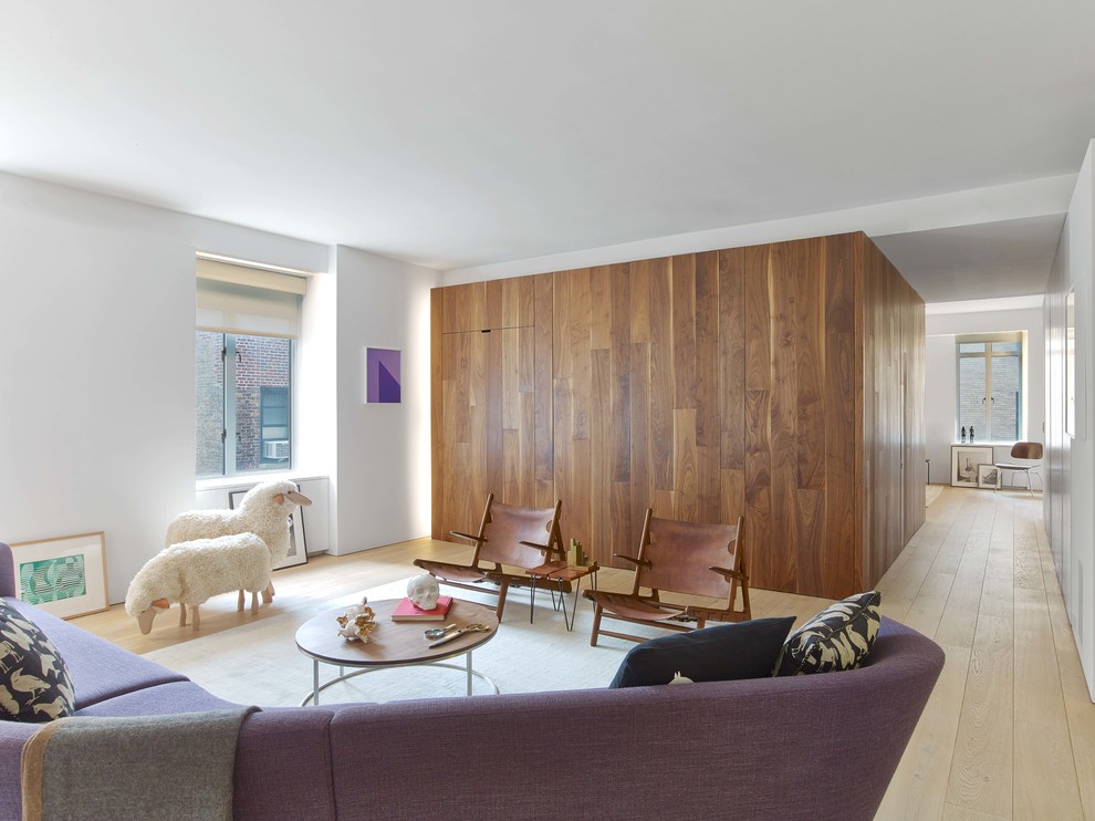 Modern living room in New York with white walls, light hardwood flooring and beige floors.