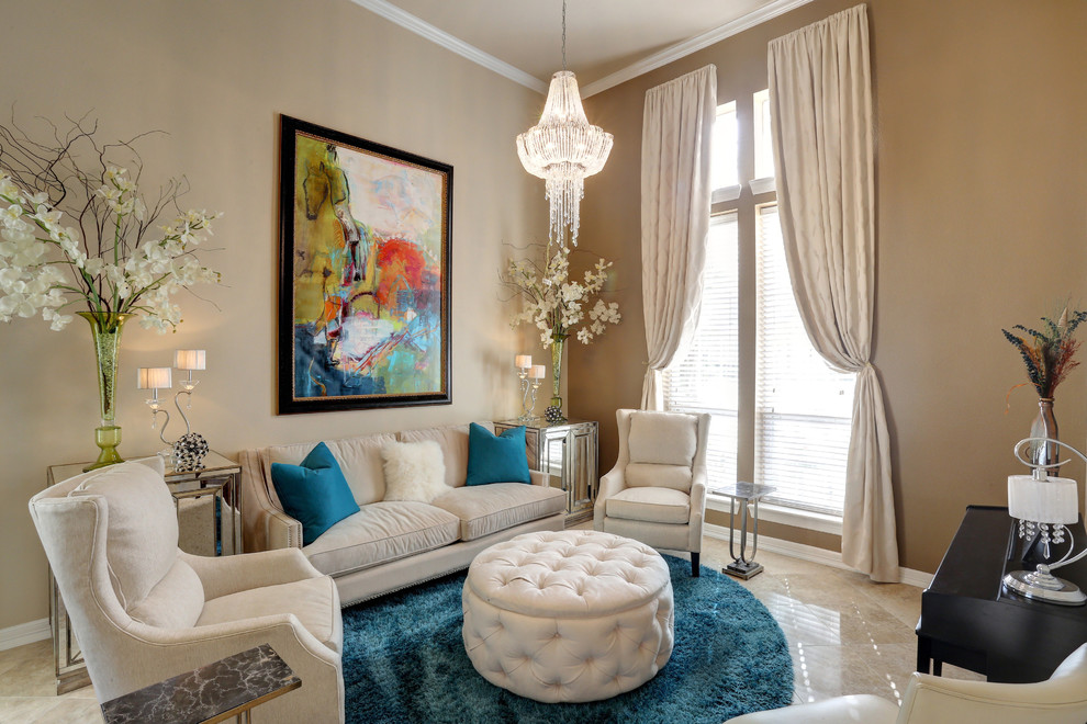 Idee per un soggiorno tradizionale con sala formale, pareti beige e pavimento in marmo