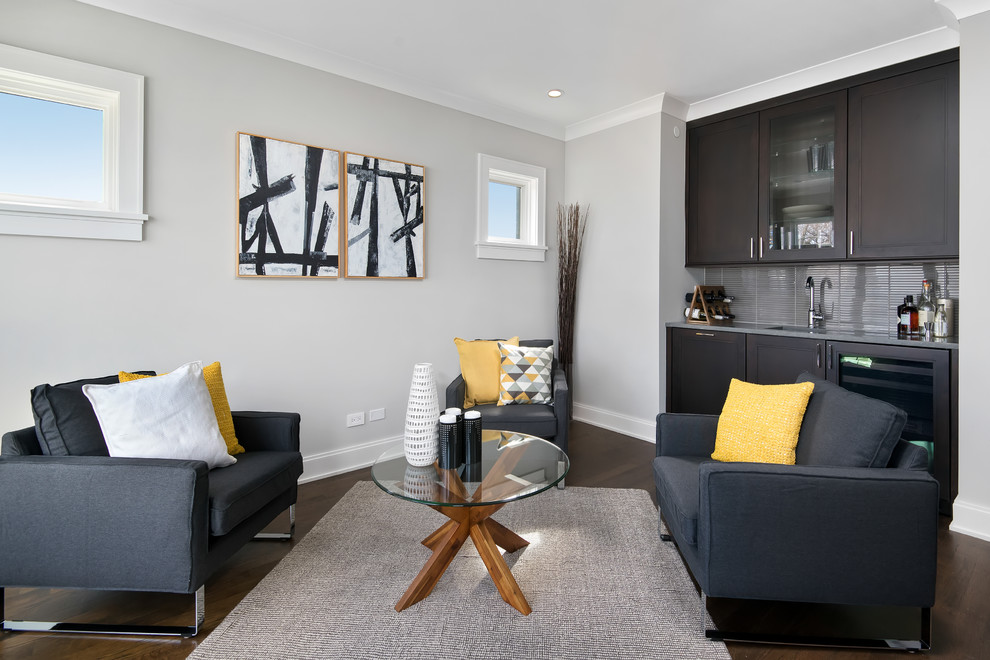 Living room - transitional dark wood floor living room idea in Chicago with gray walls