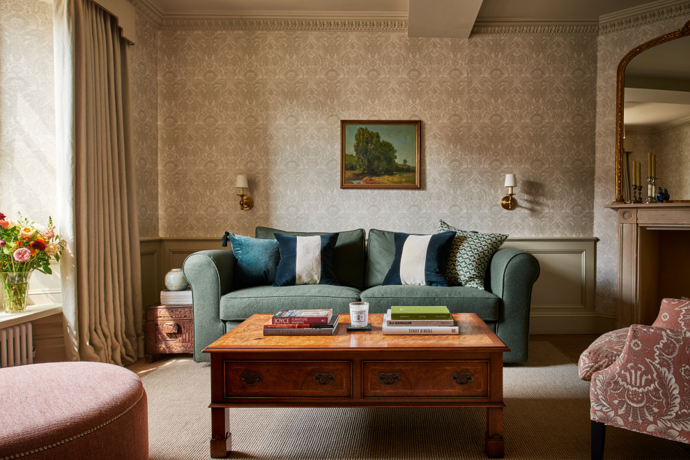 Inspiration for a classic formal living room in Wiltshire with beige walls, a corner fireplace, no tv and a dado rail.