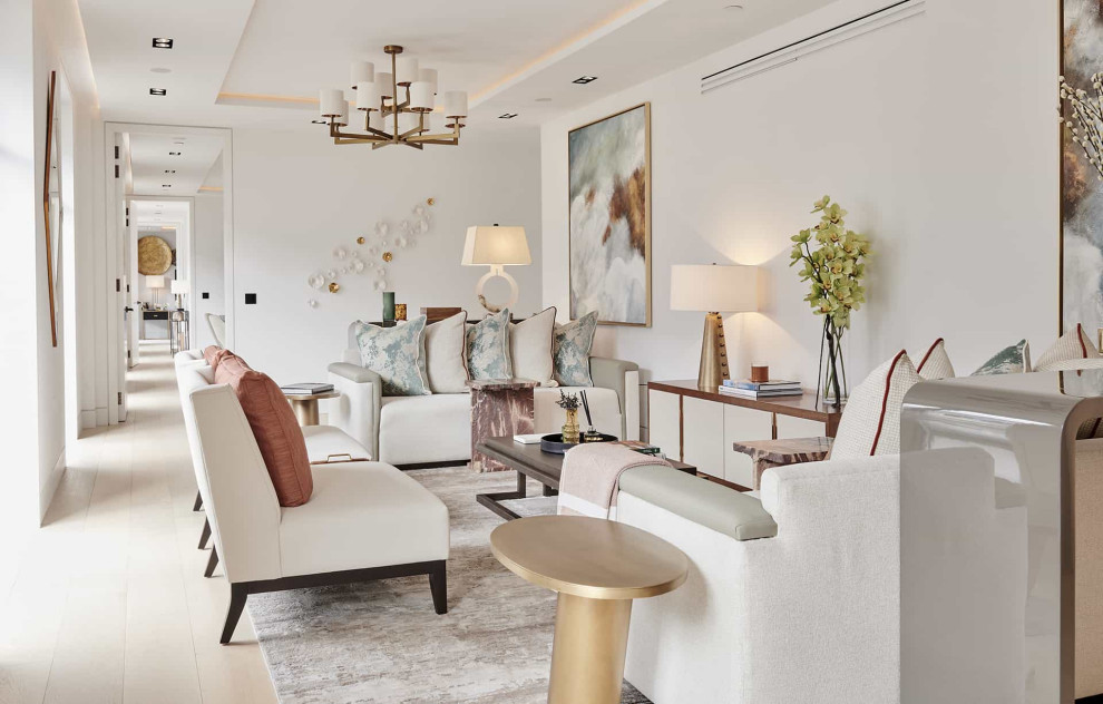 Idee per un soggiorno design chiuso con pareti bianche, pavimento beige e soffitto ribassato