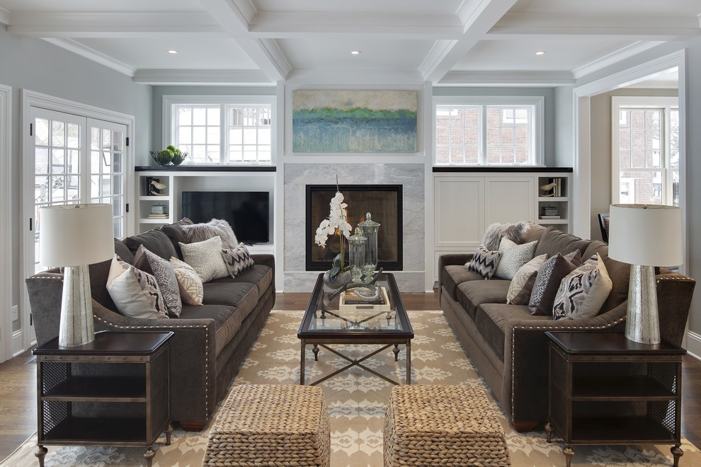 Living room - large transitional formal and open concept dark wood floor living room idea in Minneapolis with beige walls, a standard fireplace, a stone fireplace and a tv stand
