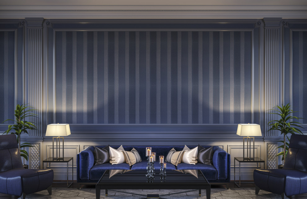 Diseño de salón para visitas abierto tradicional renovado grande con paredes azules