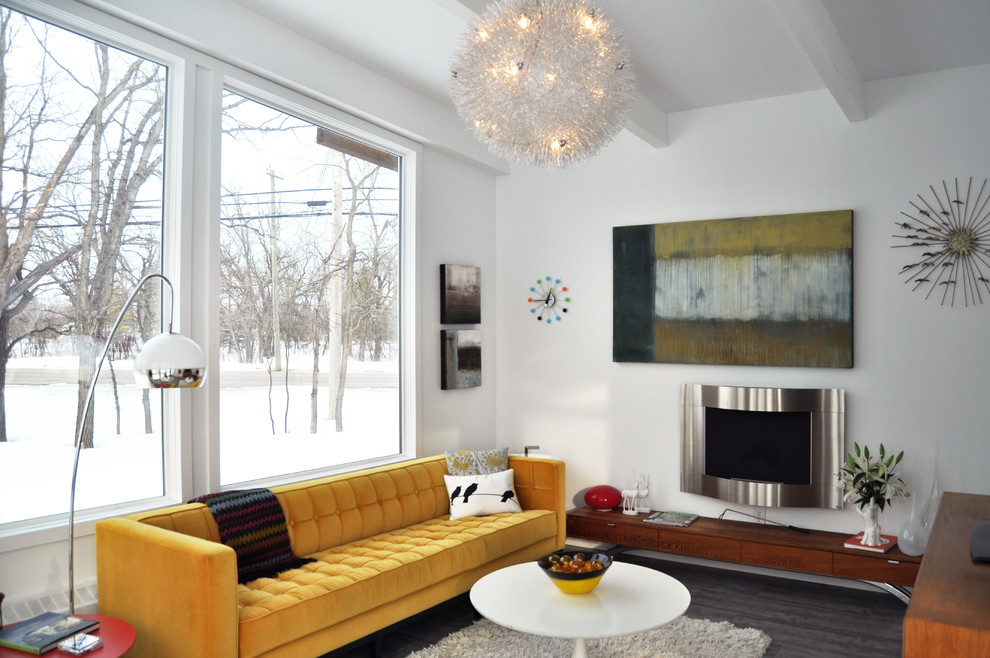 Example of a 1960s living room design in Other with white walls