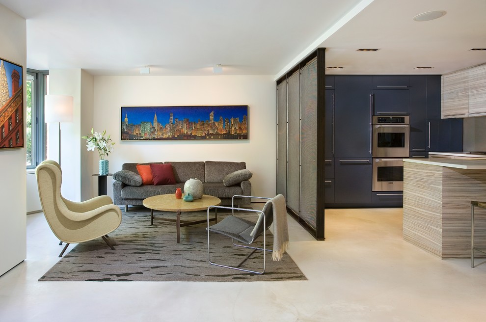 Mittelgroßes, Repräsentatives, Fernseherloses, Offenes Modernes Wohnzimmer ohne Kamin mit beiger Wandfarbe und Betonboden in New York