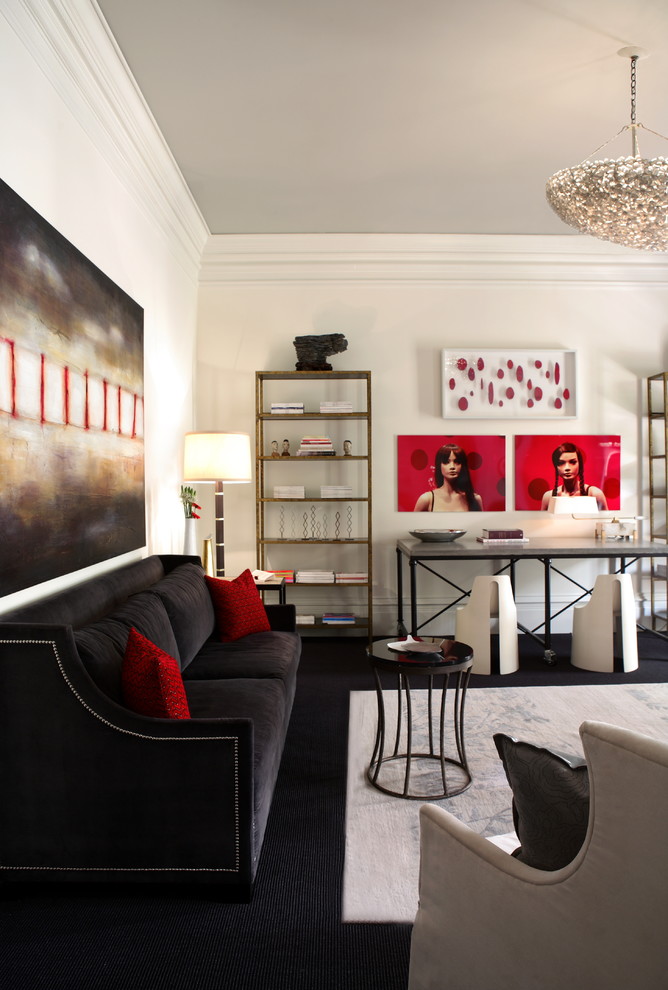 Living room - contemporary black floor living room idea in Atlanta with white walls