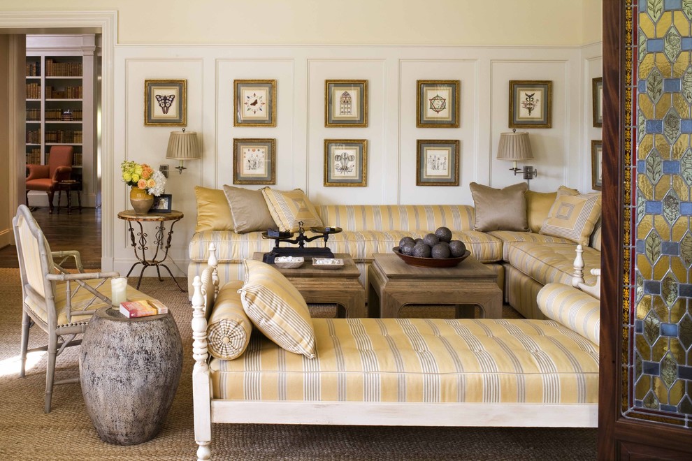 Inspiration for a timeless living room remodel in Dallas with beige walls