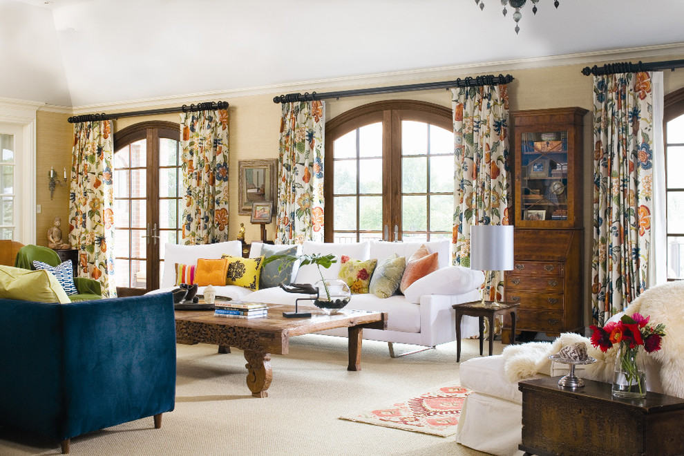 Inspiration for a timeless carpeted living room remodel in Denver with beige walls