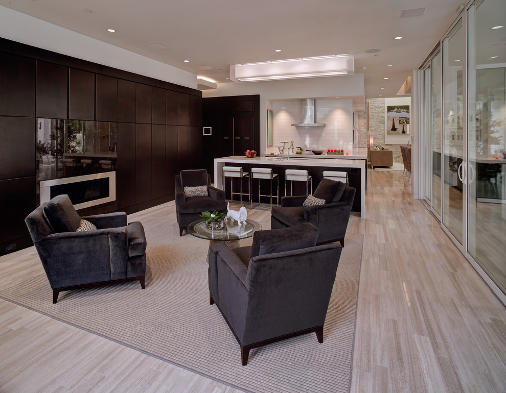 Inspiration for a contemporary open concept living room remodel in Orlando with a ribbon fireplace