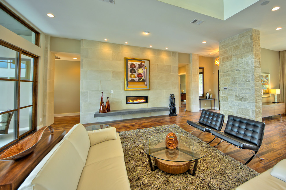 Modernes Wohnzimmer mit Gaskamin und Steinwänden in Austin