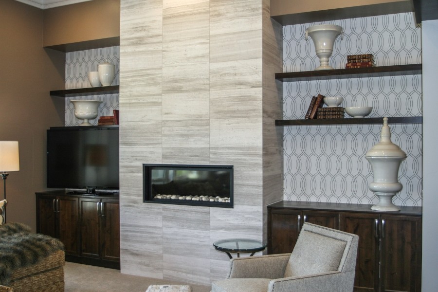 Example of a large trendy formal and open concept carpeted living room design in Boise with brown walls, a ribbon fireplace, a tile fireplace and a tv stand