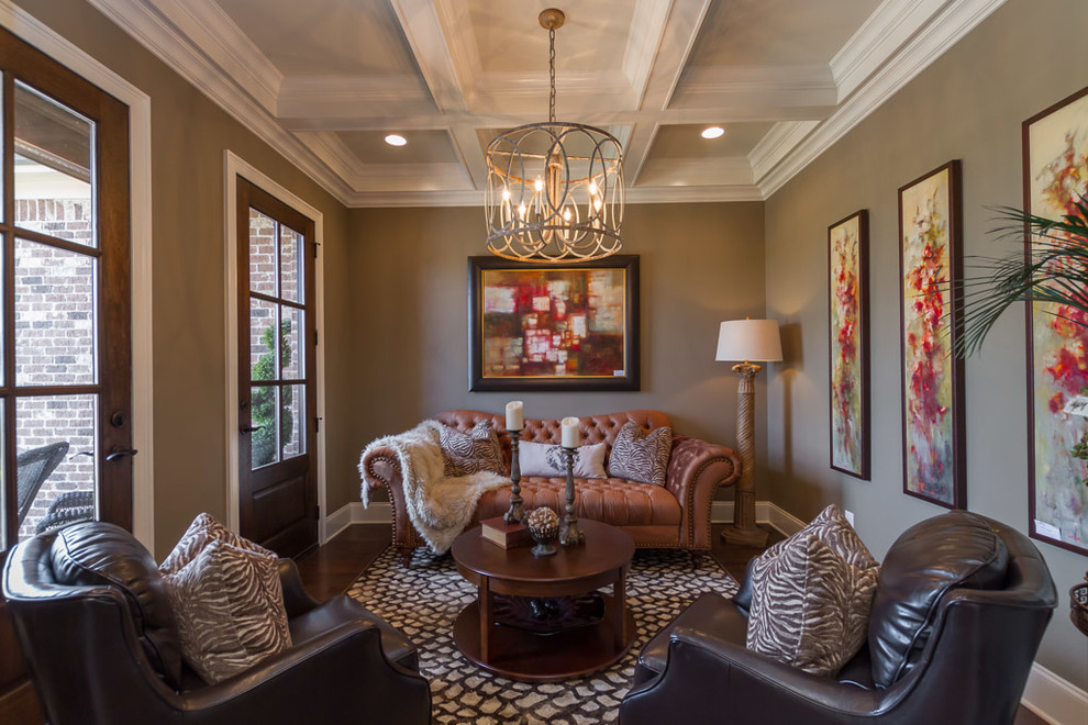 Inspiration for a transitional formal and enclosed living room remodel in Nashville with brown walls