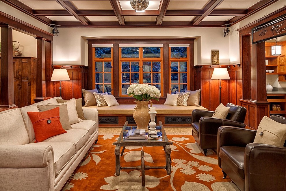 This is an example of a classic living room in Seattle with beige walls.
