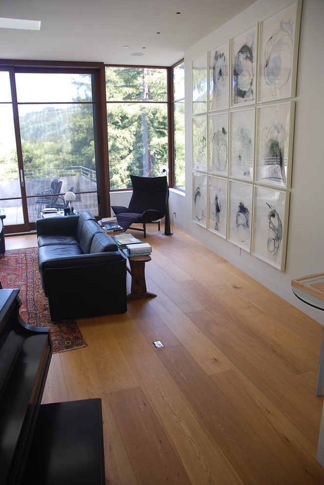 Mittelgroßes, Repräsentatives, Fernseherloses, Abgetrenntes Modernes Wohnzimmer ohne Kamin mit weißer Wandfarbe und hellem Holzboden in San Francisco