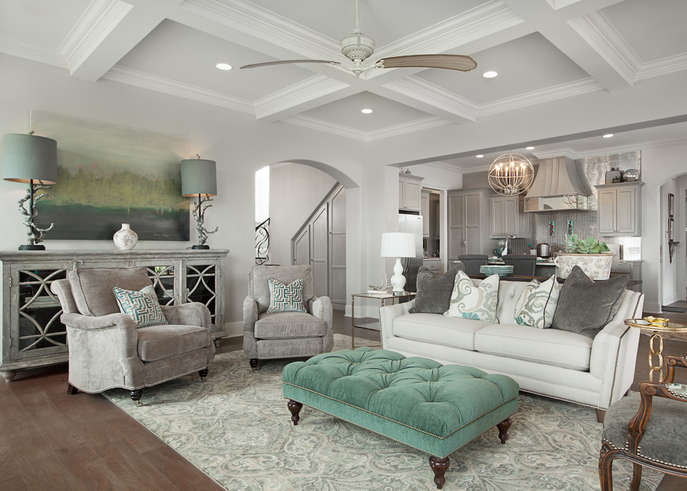 Inspiration for a classic living room in New Orleans with grey walls, medium hardwood flooring, no fireplace, no tv and feature lighting.
