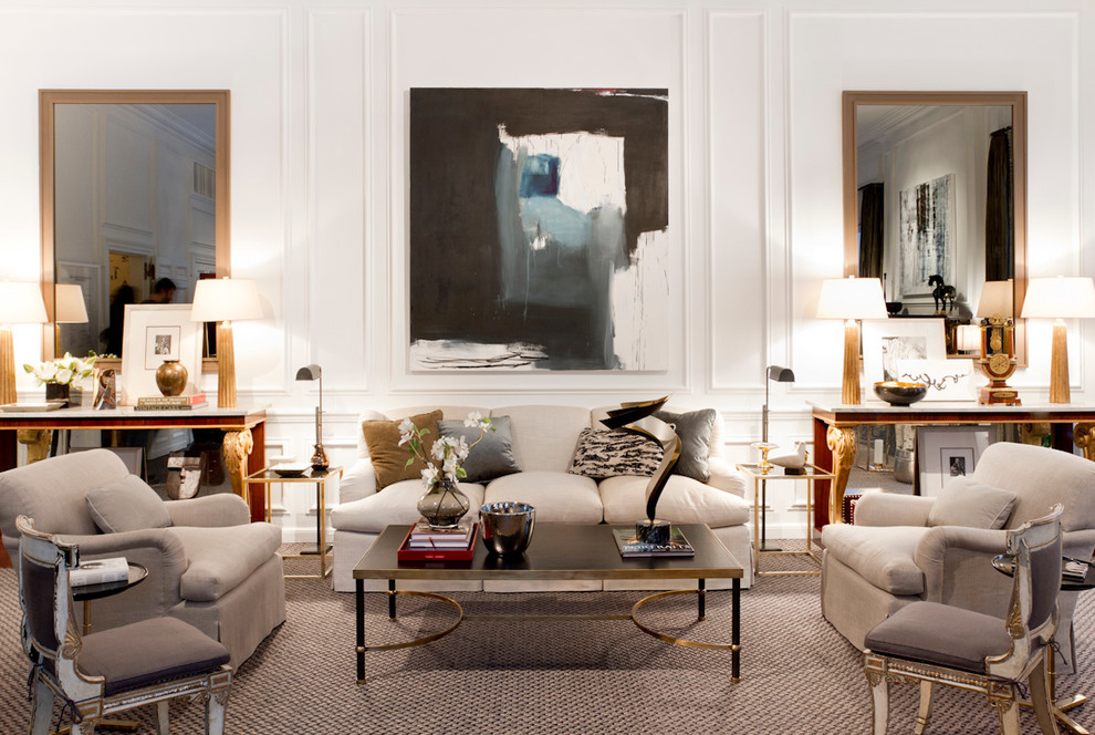 This is an example of a contemporary formal living room in New York with white walls and carpet.