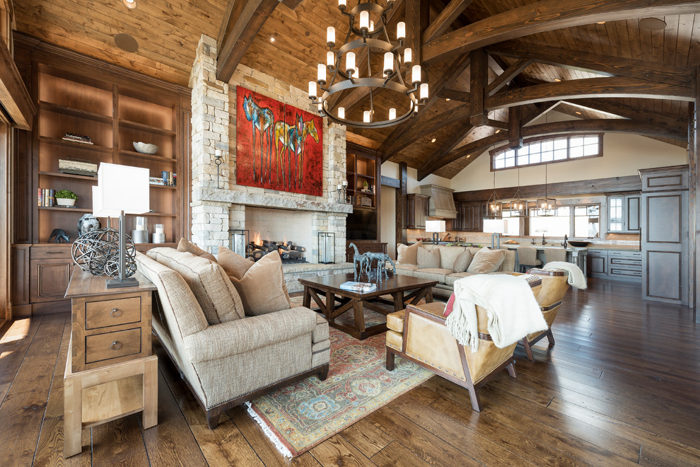 Inspiration for a rustic living room in Salt Lake City with feature lighting.
