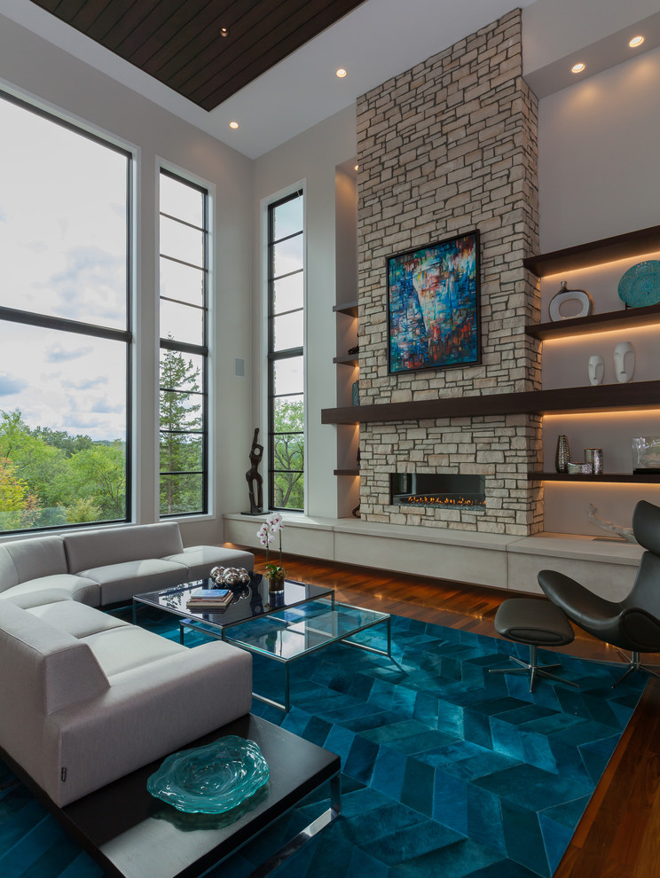 Großes, Repräsentatives, Abgetrenntes Modernes Wohnzimmer mit beiger Wandfarbe, braunem Holzboden, Gaskamin und Kaminumrandung aus Stein in Detroit