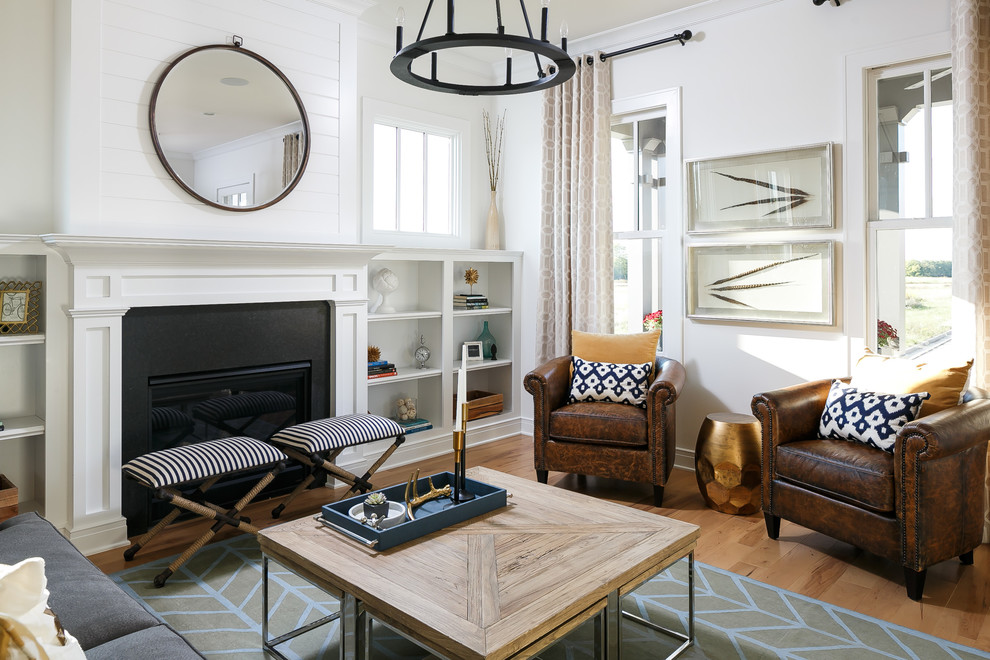 Inspiration for a mid-sized timeless light wood floor living room remodel in Louisville with white walls, a standard fireplace and a wood fireplace surround
