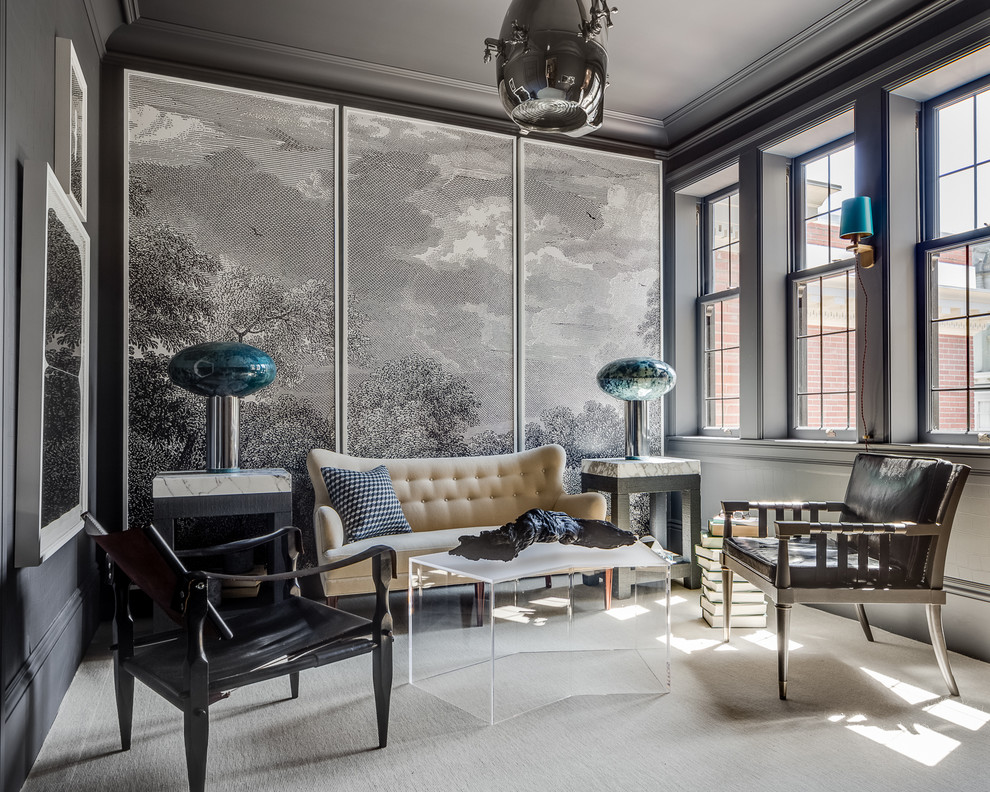 Inspiration pour un salon design avec un mur gris et moquette.