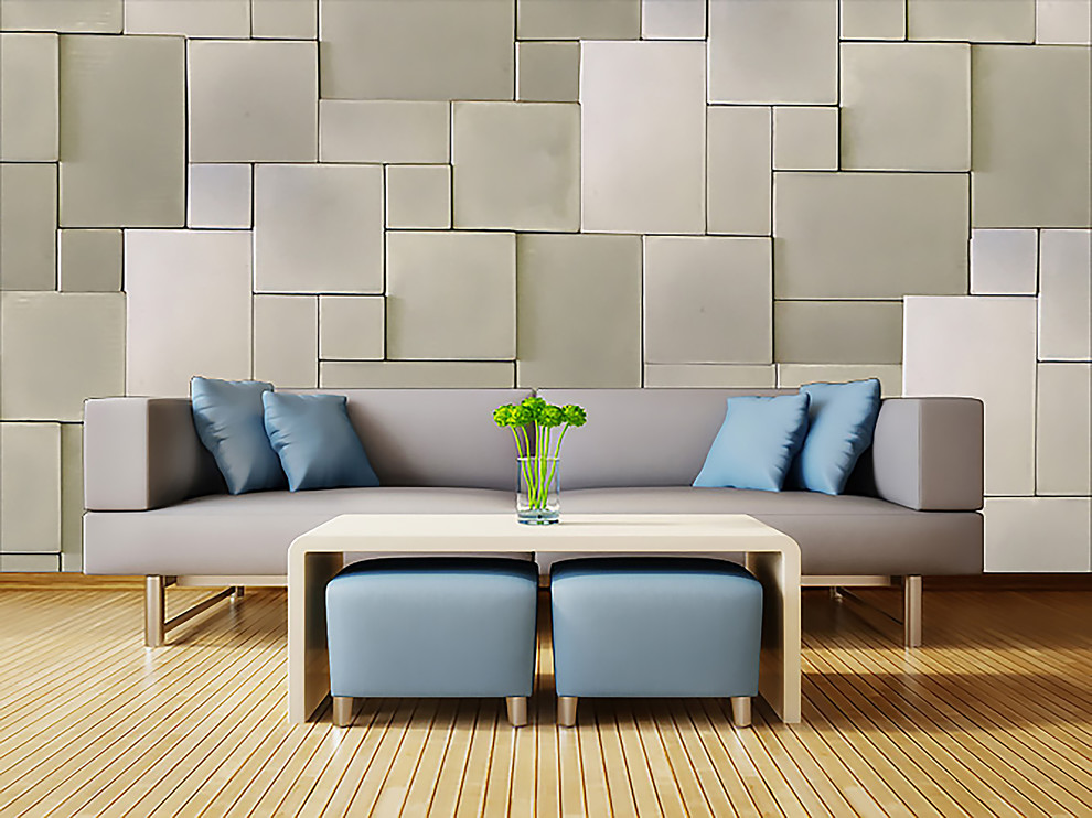Inspiration pour un salon mansardé ou avec mezzanine design de taille moyenne avec un mur gris et parquet clair.