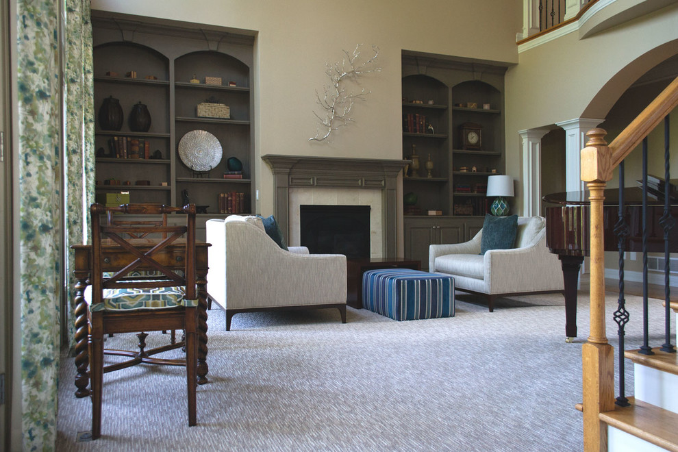 Design ideas for a large classic open plan living room in Louisville with carpet, a standard fireplace, no tv, a music area, beige walls, a wooden fireplace surround and beige floors.