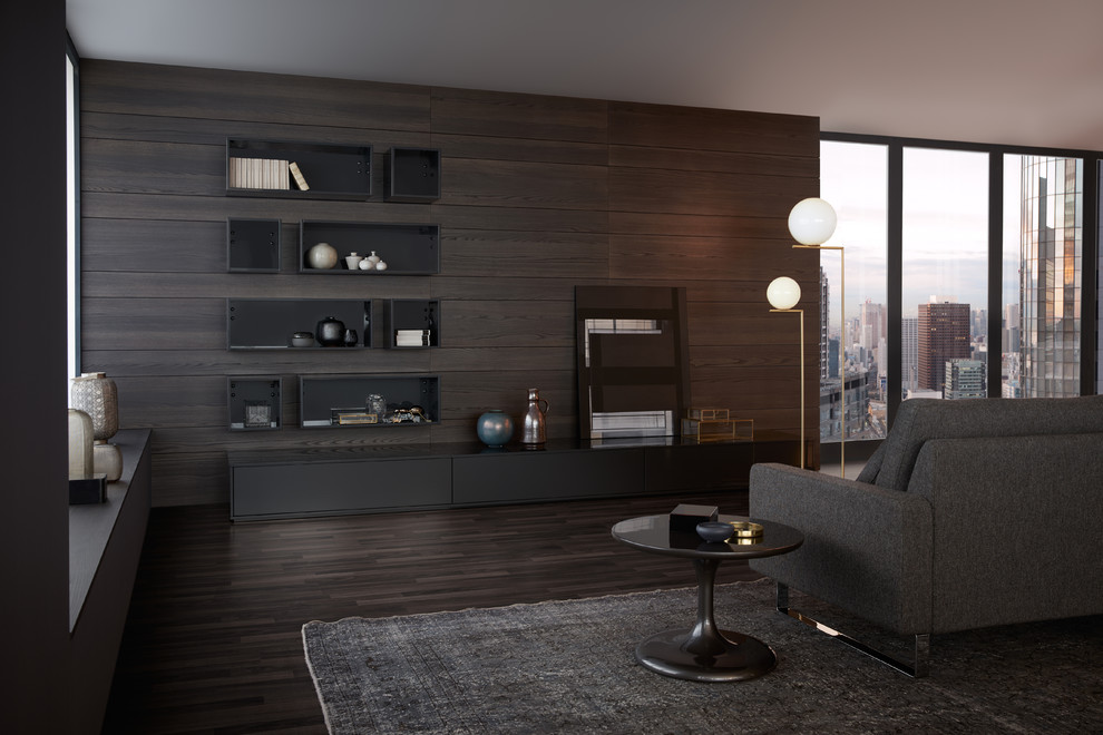 Medium sized modern mezzanine living room in New York with brown walls, dark hardwood flooring and no fireplace.