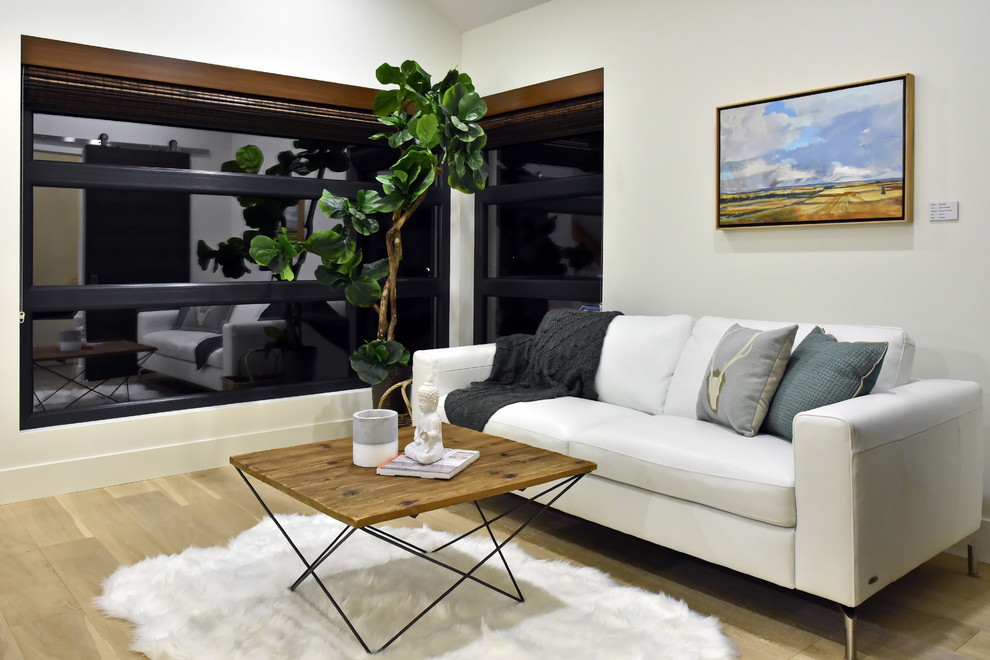 Diseño de salón contemporáneo de tamaño medio sin chimenea con paredes blancas y suelo de madera clara