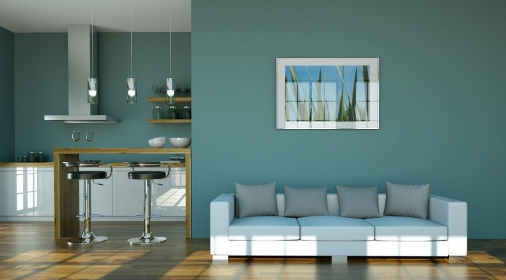 Идея дизайна: парадная, открытая гостиная комната среднего размера в современном стиле с синими стенами, светлым паркетным полом и коричневым полом без камина, телевизора