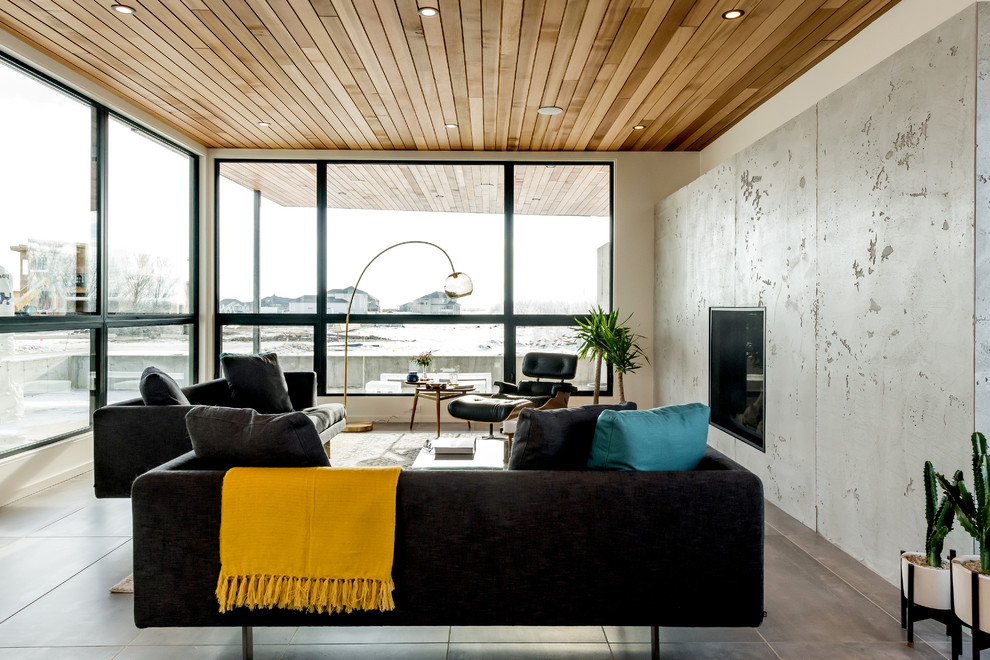 Foto di un grande soggiorno minimalista con sala formale, pareti bianche, camino classico, cornice del camino in cemento, nessuna TV e pavimento grigio