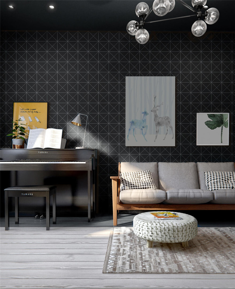 Modernes Wohnzimmer mit schwarzer Wandfarbe in Orange County