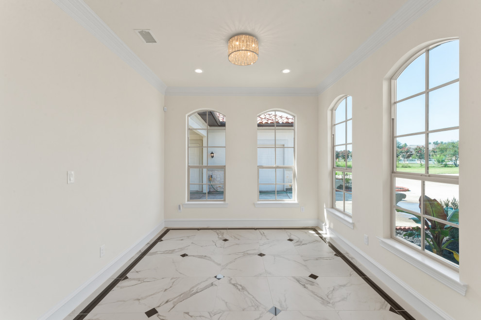 This is an example of a medium sized mediterranean formal open plan living room in Dallas with white walls, porcelain flooring and white floors.