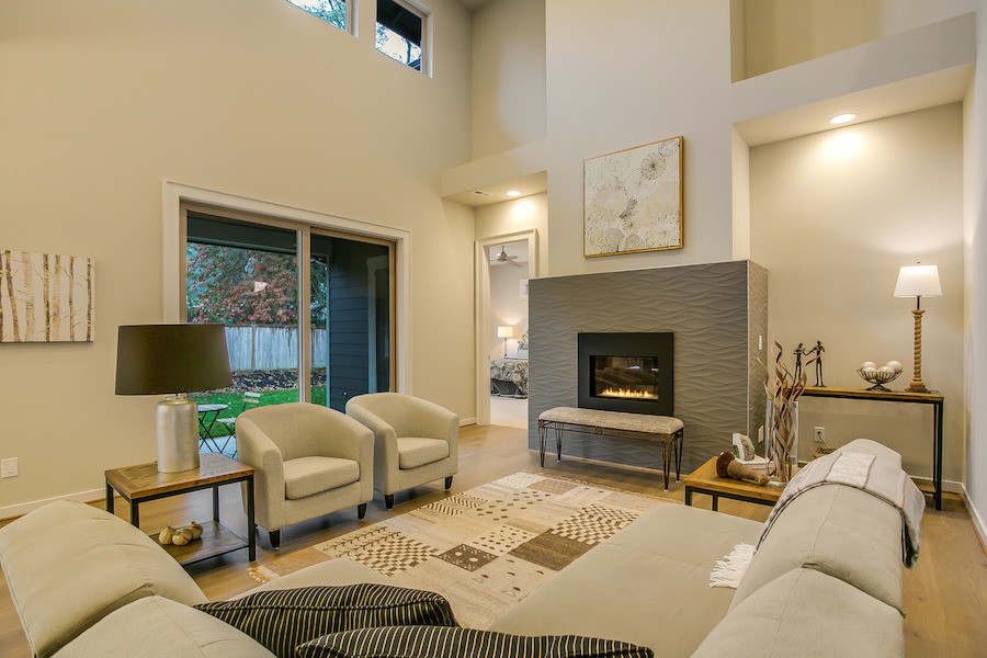 Photo of a contemporary open plan living room in Seattle.