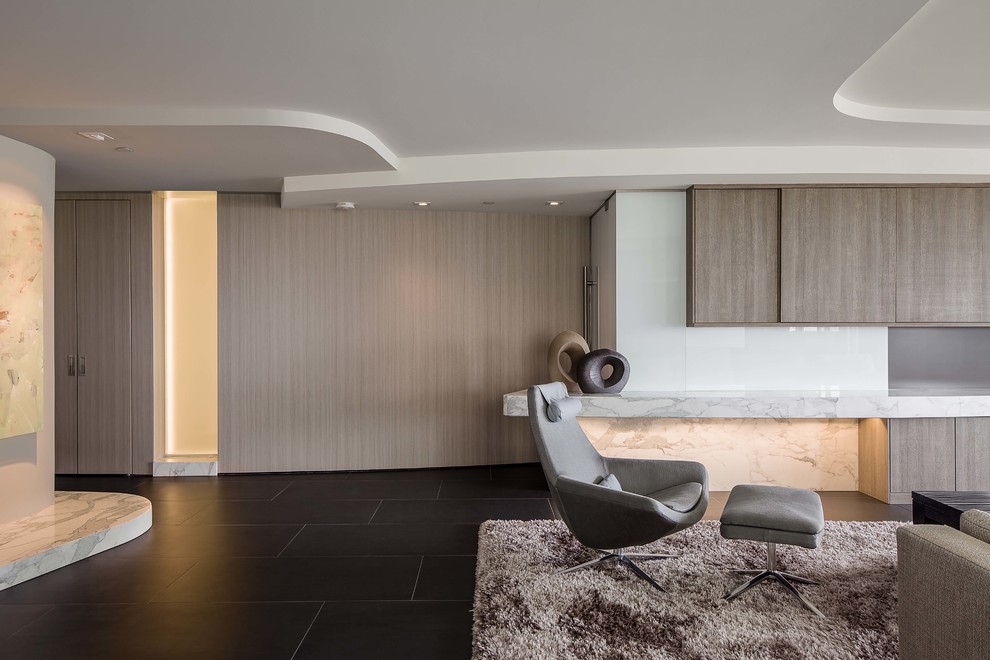 Ispirazione per un soggiorno minimalista di medie dimensioni e aperto con pareti bianche, pavimento in gres porcellanato e parete attrezzata