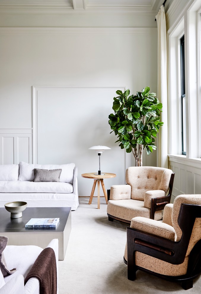 Ispirazione per un soggiorno scandinavo di medie dimensioni e chiuso con sala formale, pareti bianche, moquette e pavimento bianco