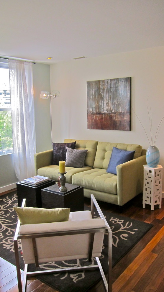 Пример оригинального дизайна: гостиная комната среднего размера в современном стиле с ковром на полу