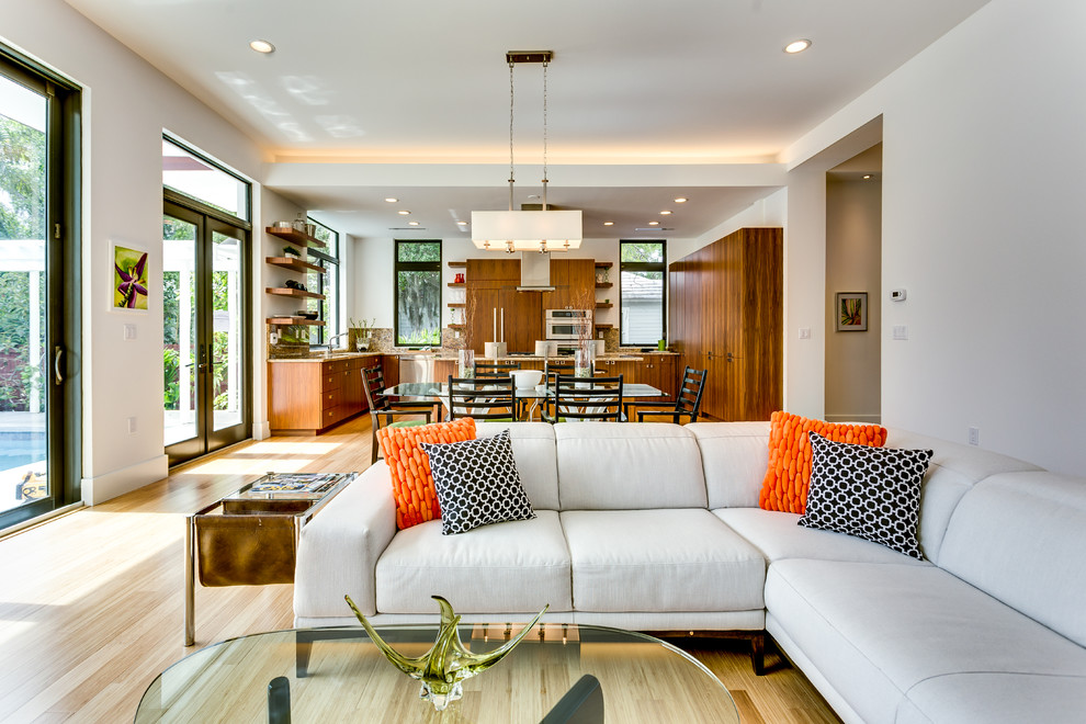 Großes, Offenes Modernes Wohnzimmer ohne Kamin mit weißer Wandfarbe, hellem Holzboden und freistehendem TV in Tampa